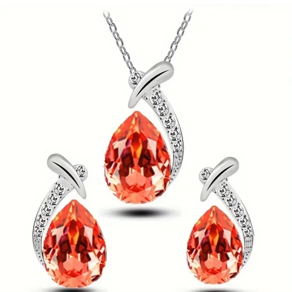 Vacation Silver and Orange Teardrop Necklace And Earring Set. NWT
